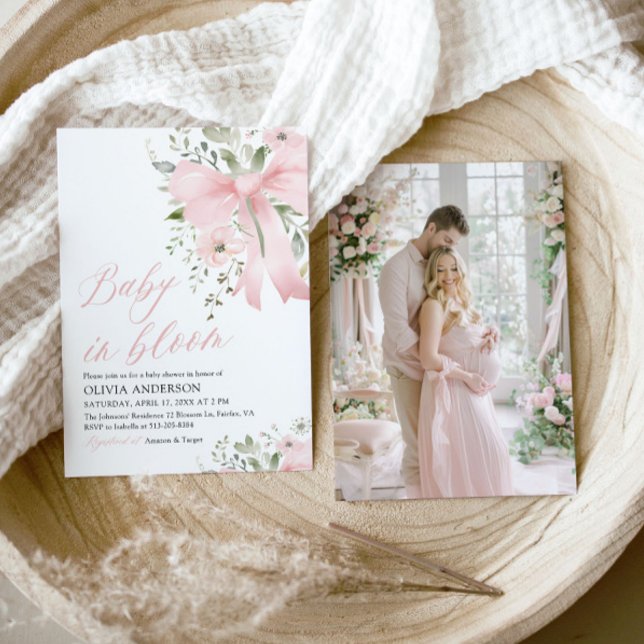 Pink Bow Baby in Bloom Floral Girl Baby Shower Invitation (Watercolor Pink Bow Baby in Bloom Floral Girl Baby Shower Invitation)