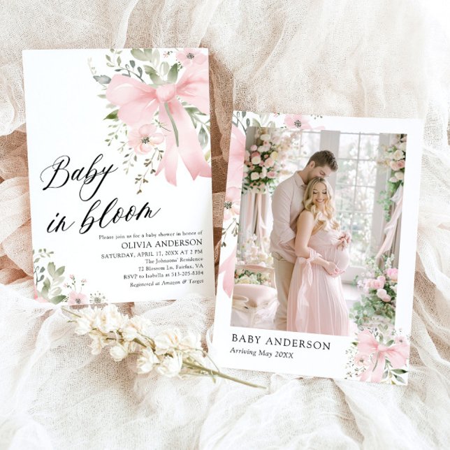 Pink Bow Baby in Bloom Floral Girl Baby Shower Invitation (Watercolor Pink Bow Baby in Bloom Floral Girl Baby Shower Invitation)