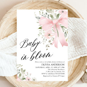 Pink Bow Baby in Bloom Floral Girl Baby Shower Invitation