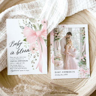 Pink Bow Baby in Bloom Floral Girl Baby Shower Invitation