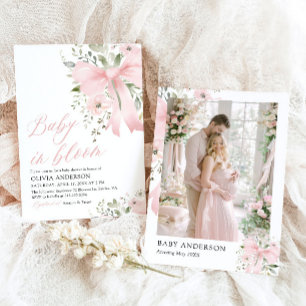 Pink Bow Baby in Bloom Floral Girl Baby Shower Invitation