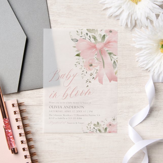 Pink Bow Baby in Bloom Floral Girl Baby Shower Vellum Invitations (Wedding)