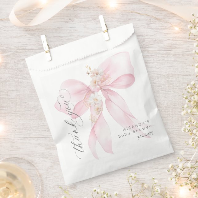 Pink Bow Baby in Bloom floral thank you Favor Bag (Clipped)