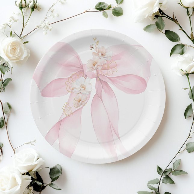 Pink Bow Baby in Bloom Sakura Baby shower Paper Plates (Creator Uploaded)