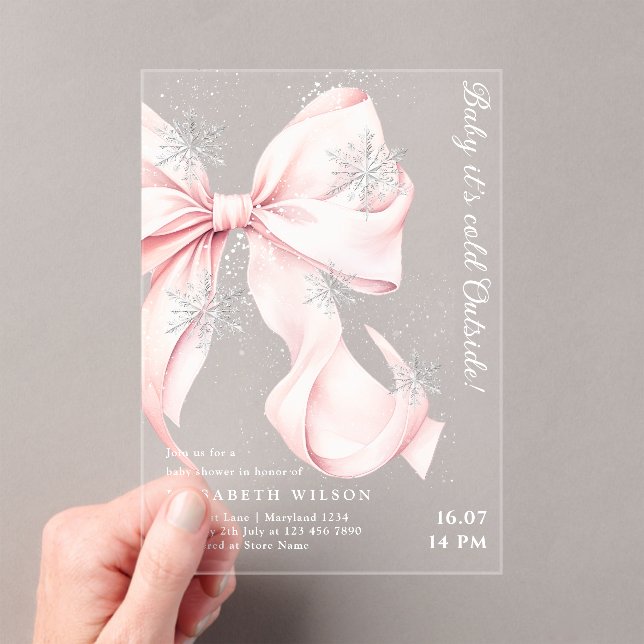 Pink Bow Baby It's Cold Outside Baby Shower Acrylic Invitations (Insitu (Handheld))