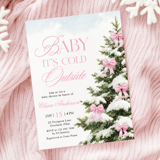 Pink Bow Baby It's Cold Outside Baby Shower Invitation