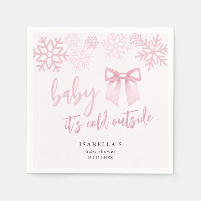 Pink Bow Baby Its Cold Outside Baby Shower Napkins (Front)