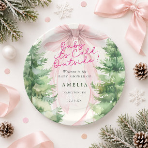 Pink Bow Baby It's Cold Outside Baby Shower Paper Plates