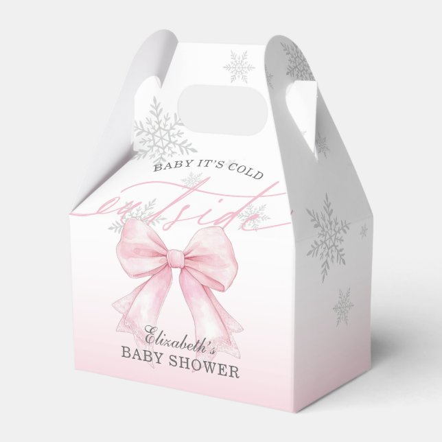 Pink Bow Baby Its Cold Outside Baby Shower Welcome Favor Boxes (Front Side)