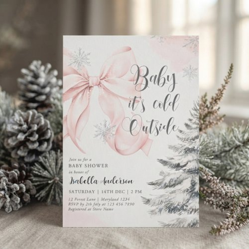 Pink Bow Baby It's Cold Outside Baby Shower xmas Invitation