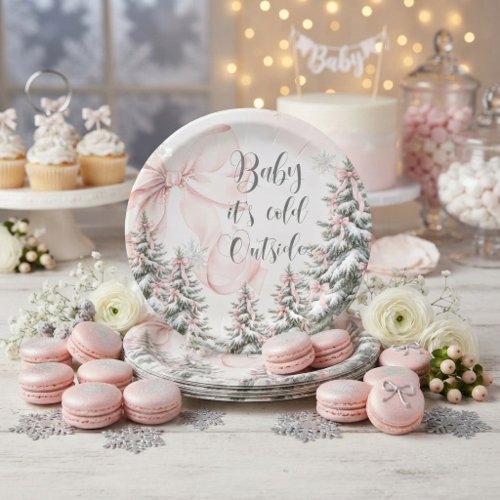 Pink Bow Baby It's Cold Outside Baby Shower xmas Paper Plates