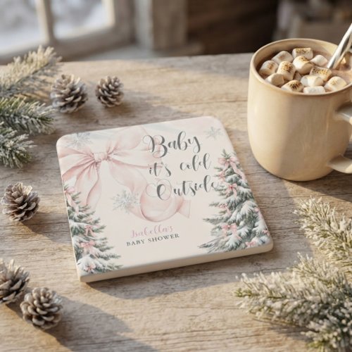 Pink Bow Baby It's Cold Outside Baby Shower xmas Square Paper Coaster