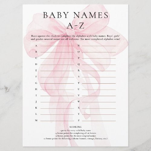 Pink Bow Baby Names A-Z Game Card Baby Shower