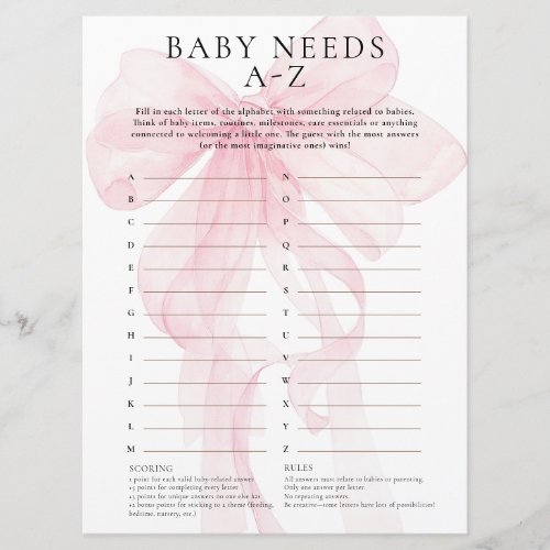 Pink Bow Baby Needs A-Z Game Card Baby Shower