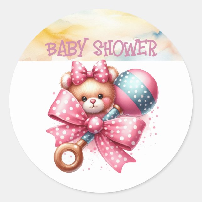 Pink Bow Baby Rattle Baby Shower Classic Round Sticker (Front)