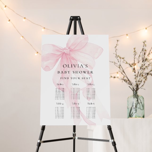 Pink Bow Baby Shower 6 table Seating Chart Foam Board (In Situ (Stand))