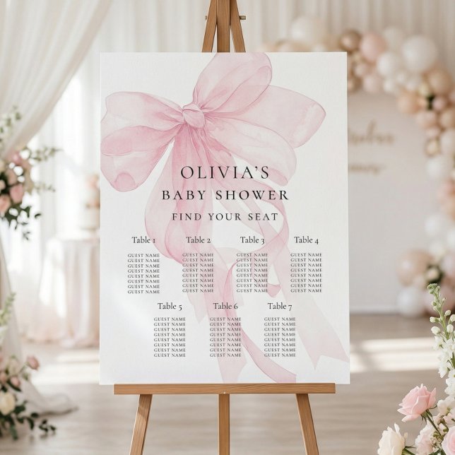 Pink Bow Baby Shower 7 table Seating Chart Foam Board (Creator Uploaded)