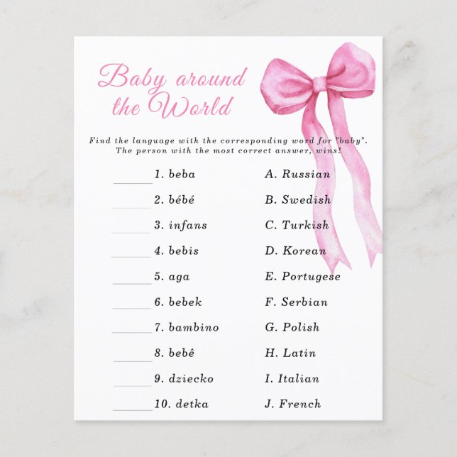 Pink bow baby shower - Baby around the world game (Front)