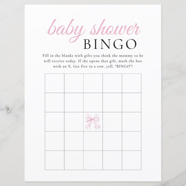 Pink Bow Baby Shower BINGO Game (Front)