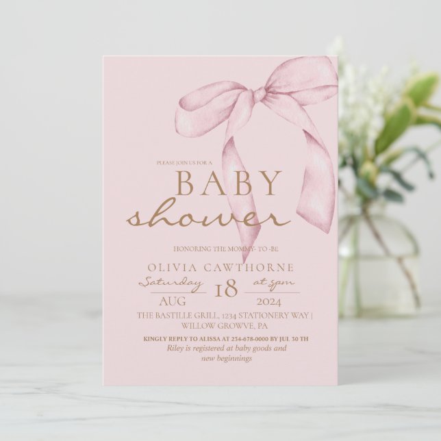Pink Bow Baby Shower Blush Pink Invitation (Standing Front)