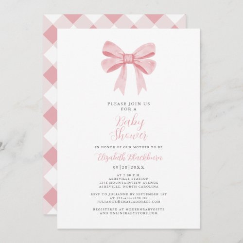 Pink Bow Baby Shower Coquette Girl Elegant Gingham Invitation