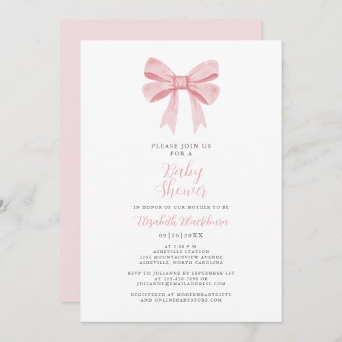 Pink Bow Baby Shower Coquette Girly Elegant Pastel Invitation