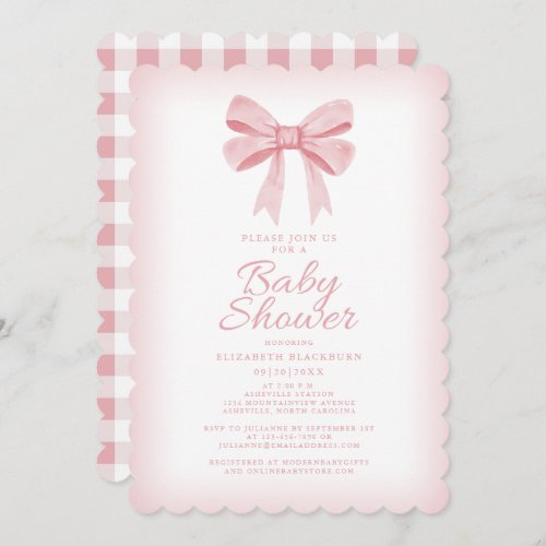 Pink Bow Baby Shower Elegant Girly Gingham Check Invitation