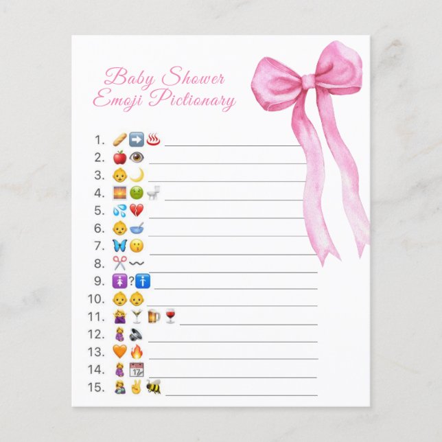Pink bow baby shower emoji Pictionary game (Front)