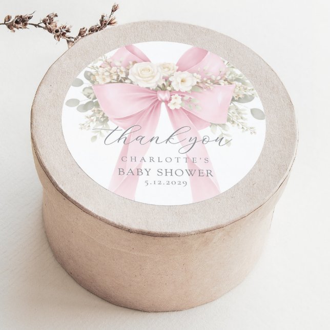 Pink Bow Baby Shower floral Thank you Classic Round Sticker (Creator Uploaded)