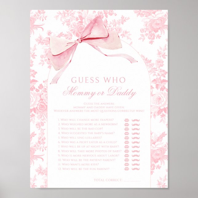Pink Bow Baby Shower Game Guess Who Mommy Daddy Poster (Front)