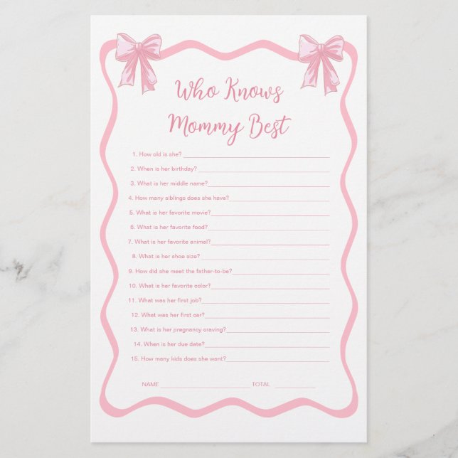 Pink Bow Baby Shower Game Who Knows Mommy Best (Front)