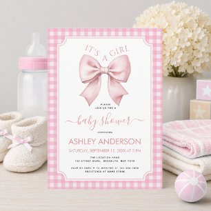 Pink Bow Baby Shower Gingham Plaid It's a Girl Invitation