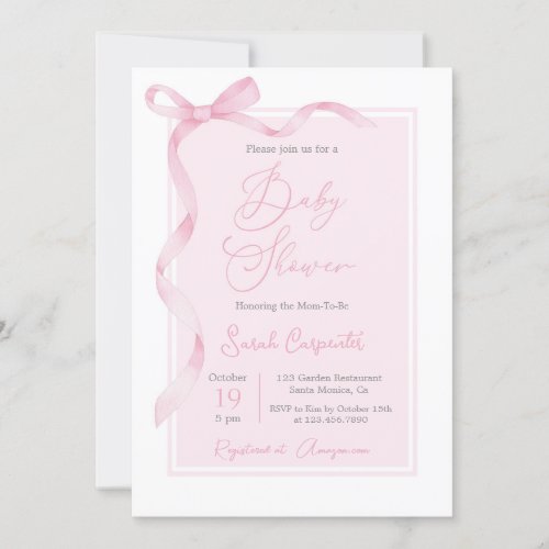 Pink Bow Baby Shower Girl Invitation