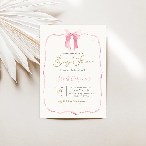 Pink Bow Baby Shower Girl Invitation