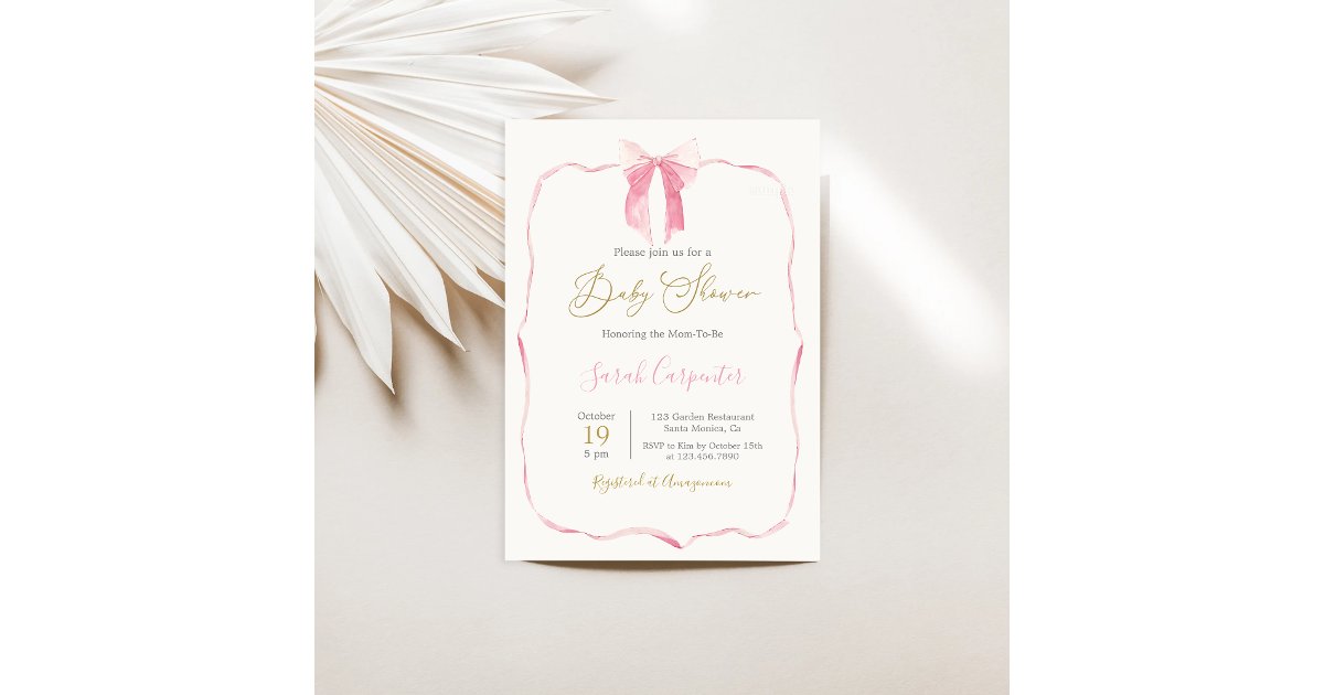Pink Bow Baby Shower Girl Invitation | Zazzle