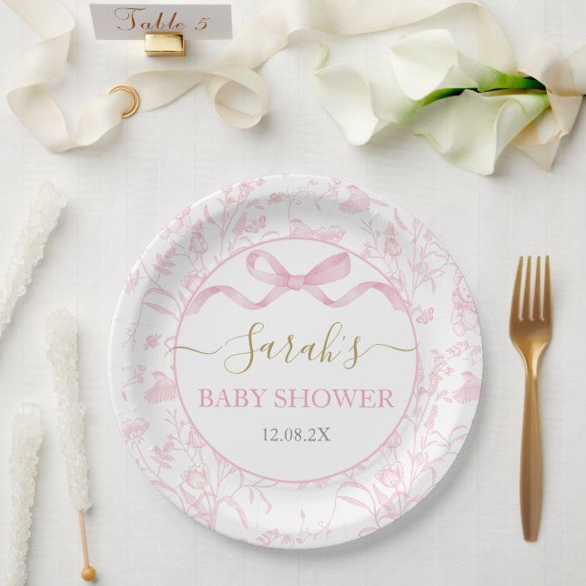 Pink Bow Baby Shower Girl Paper Plates (Wedding)