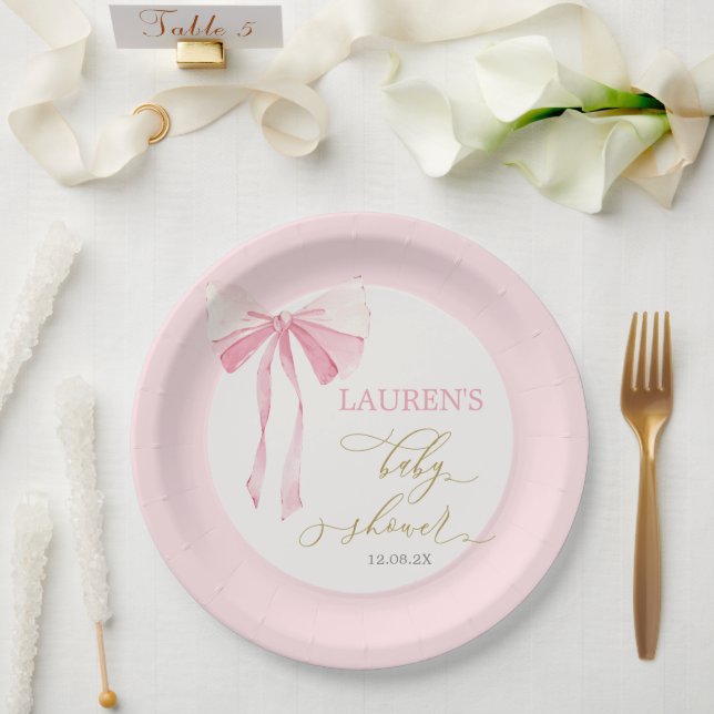 Pink Bow Baby Shower Girl Paper Plates (Wedding)
