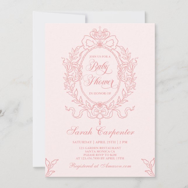 Pink Bow Baby Shower Girl Vintage Frame Invitation (Front)