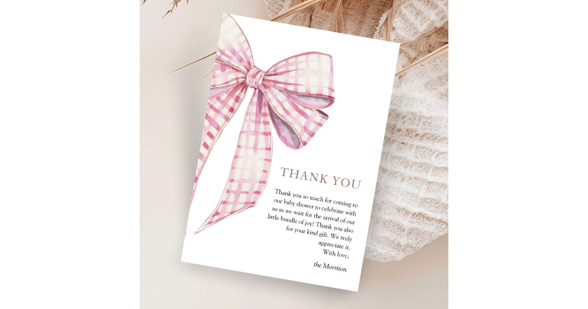 Pink Bow Baby Shower Girl Watercolor Thank You Card | Zazzle