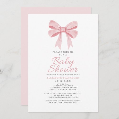 Pink Bow Baby Shower Girly Coquette Elegant Pastel Invitation