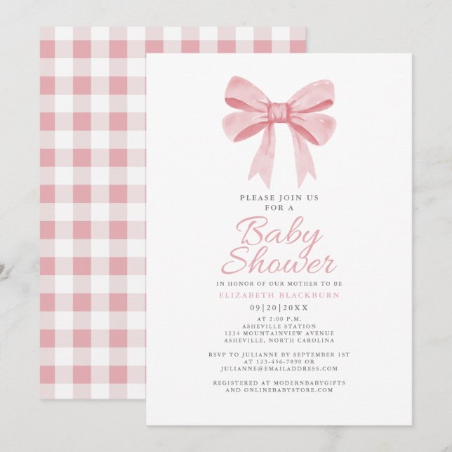 Pink Bow Baby Shower Girly Coquette Gingham Check Invitation (Front/Back)