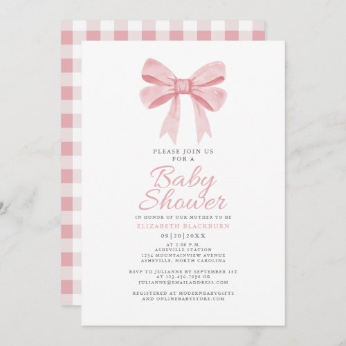 Pink Bow Baby Shower Girly Coquette Gingham Check Invitation