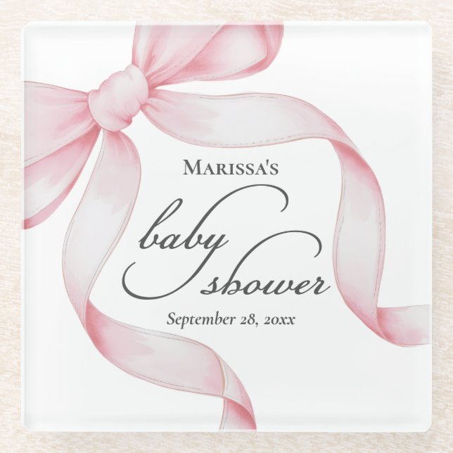 Pink Bow Baby Shower Glass Coaster (Front)