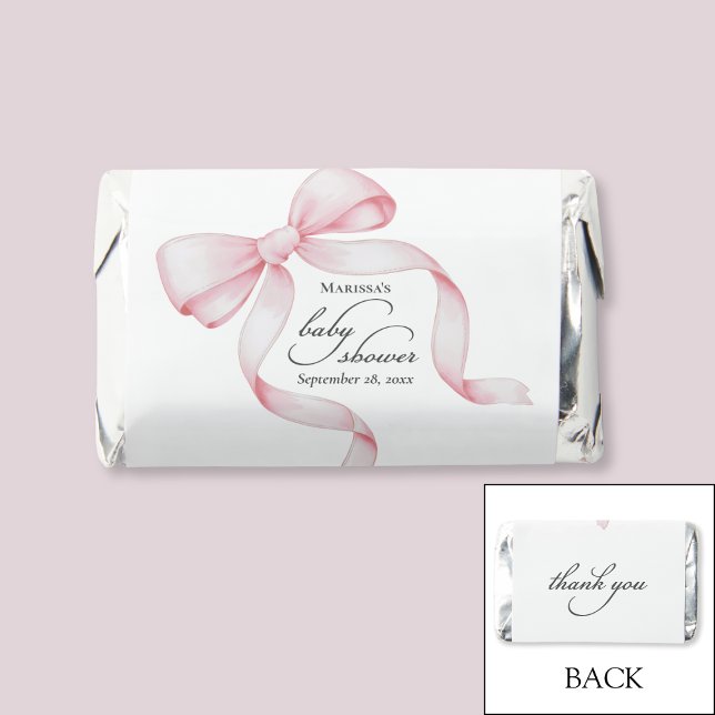 Pink Bow Baby Shower Hershey's Miniatures (sweet coquette pink bow Hershey's miniatures for baby girl shower with elegant script calligraphy)