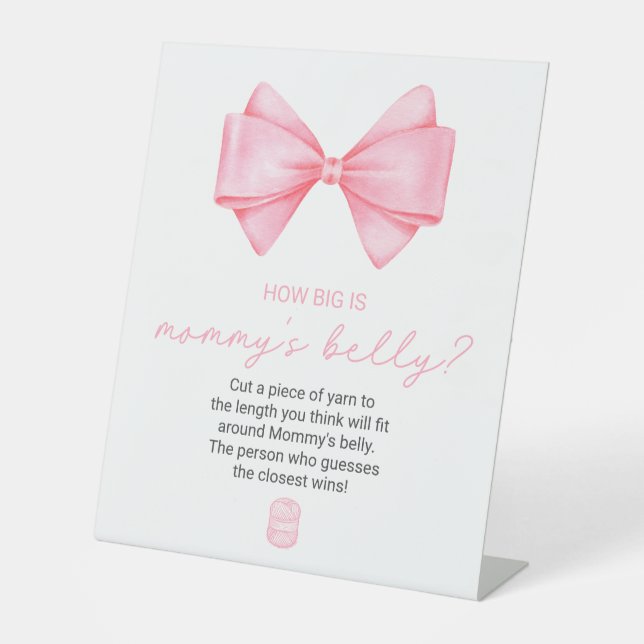 Pink Bow Baby Shower How Big Is Mommy's Belly Pedestal Sign (Front)