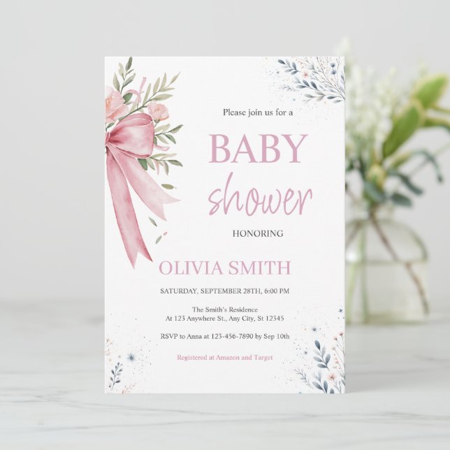 Pink Bow Baby Shower Invitation (Standing Front)
