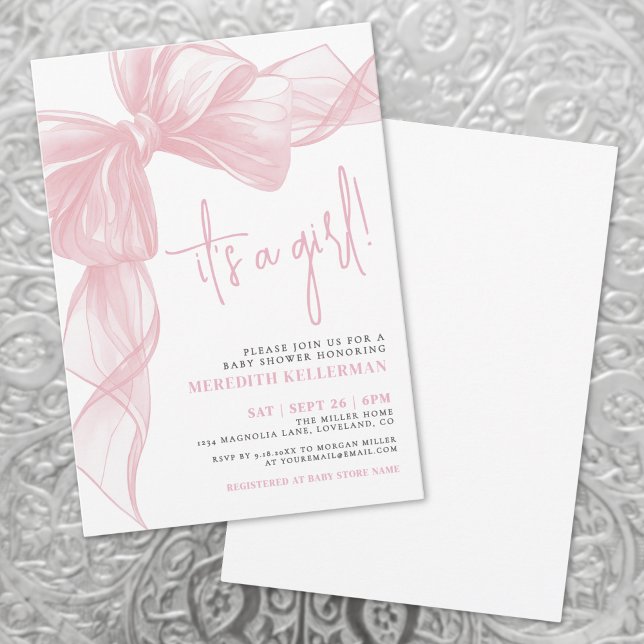 Pink Bow Baby Shower Invitation (Modern Pink Bow Baby Shower Invitation)