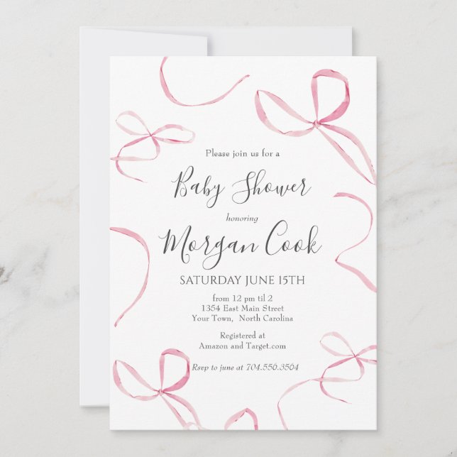 Pink bow baby shower invitation, baby girl shower invitation (Front)