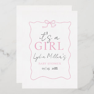 Pink Bow Baby Shower Invitation, Girl Baby Shower Foil Invitation