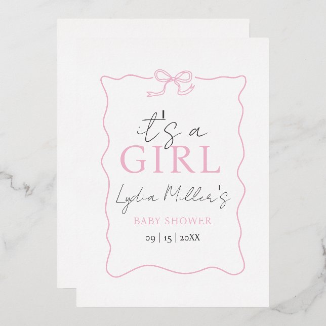 Pink Bow Baby Shower Invitation, Girl Baby Shower Foil Invitation (Front/Back)